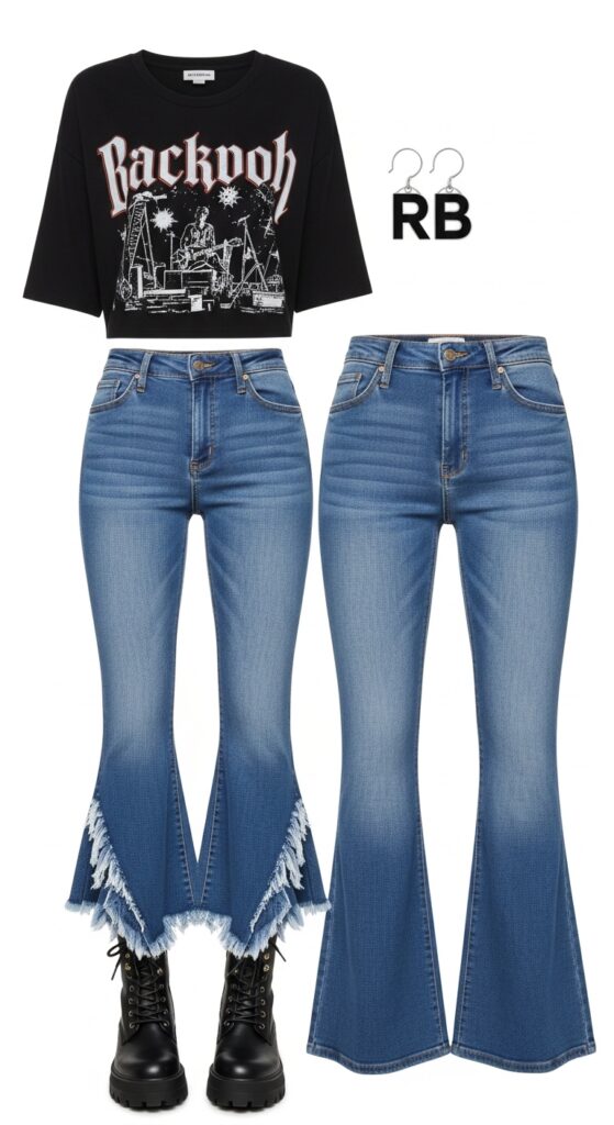 18 Flare Jeans Outfits for U.S. Women in 2025 8 Concert Cool Black Graphic Tee & Frayed Flares