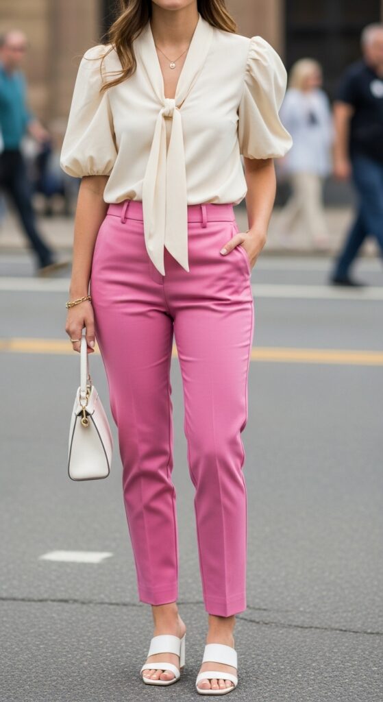 25 Pink Pants Outfits to Steal the Spotlight 25 Concert Cool Cream Blouse & Pink Trousers