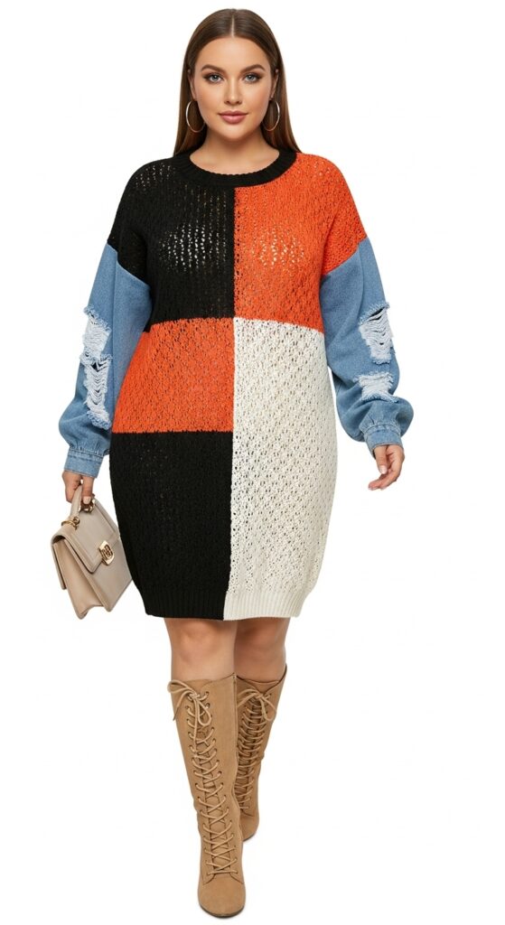 24 Plus Size Casual Winter Fashion Outfits That Celebrate Your Curves 3 Contrast Denim Crochet Sweater