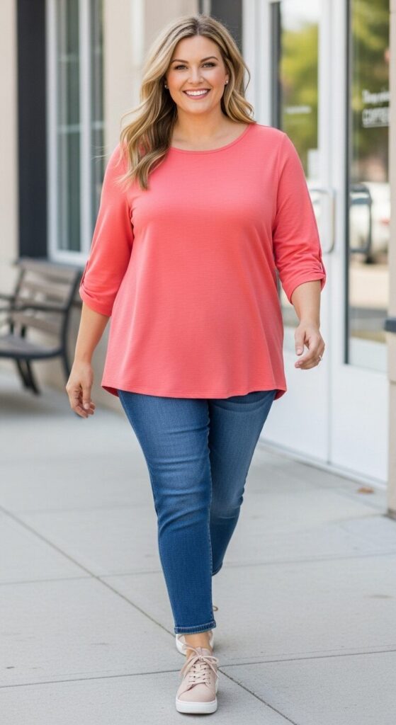 Coral Bamboo Fabric Top and Jeans for Casual Days