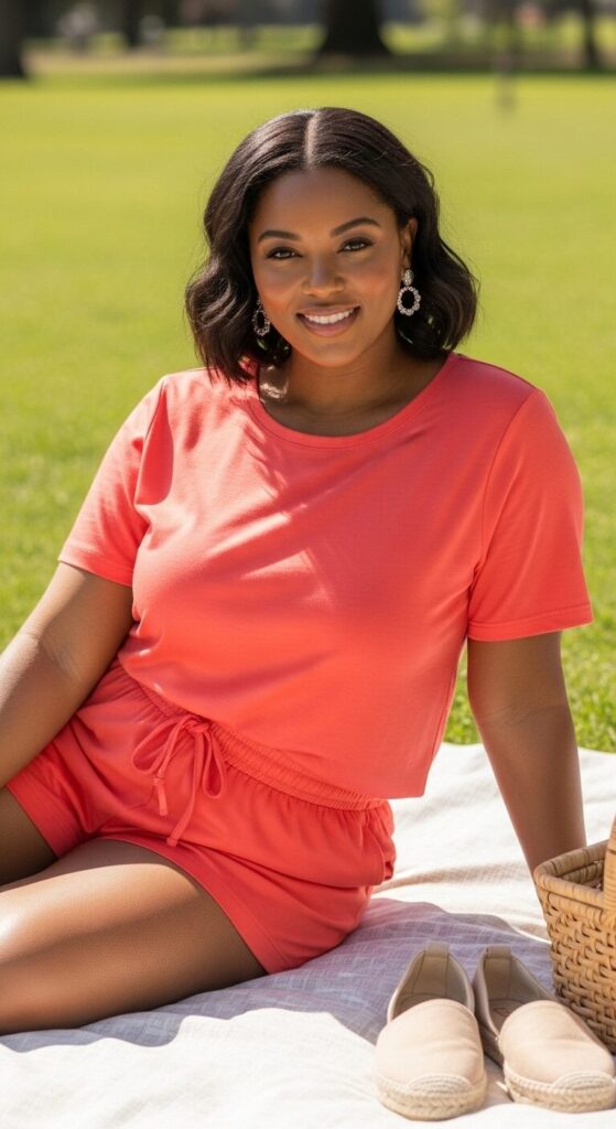 Coral Bamboo Fabric Top and Shorts for Picnics