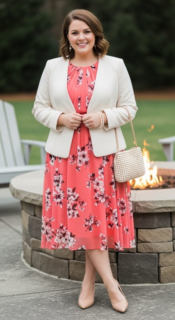 12 Plus Size Floral Chiffon Spring Wedding Guest Dresses 10 Coral Chiffon Dress and Jacket for Cool Spring Evenings