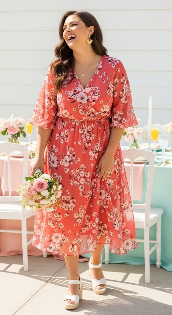 12 Plus Size Floral Chiffon Spring Wedding Guest Dresses 4 Coral Chiffon Midi Dress for Brunch Receptions