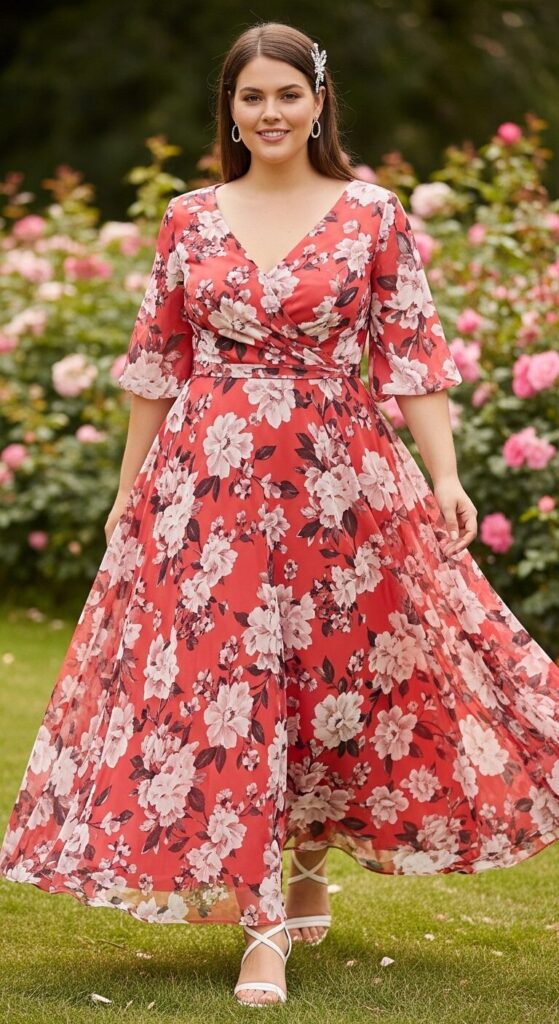 12 Plus Size Floral Chiffon Spring Wedding Guest Dresses 13 Coral Floral Chiffon Dress for Garden Receptions