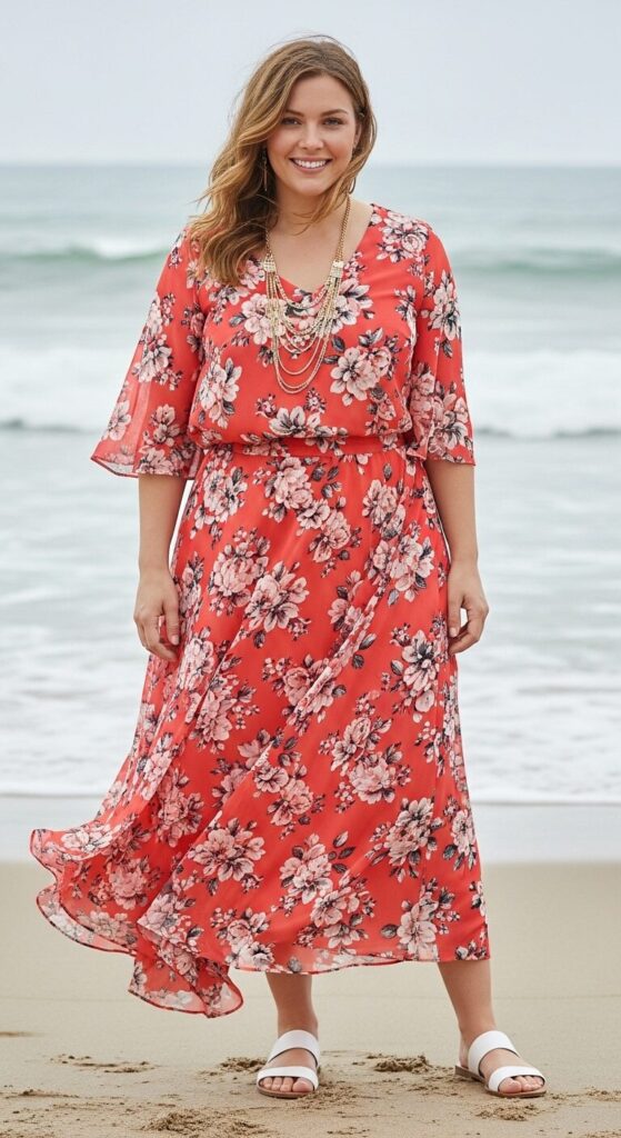 12 Plus Size Floral Chiffon Spring Wedding Guest Dresses 7 Coral Floral Chiffon Top and Skirt for Beach Wedding