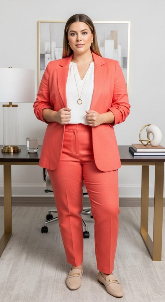 Coral Linen Blend Blazer Set for Client Meetings