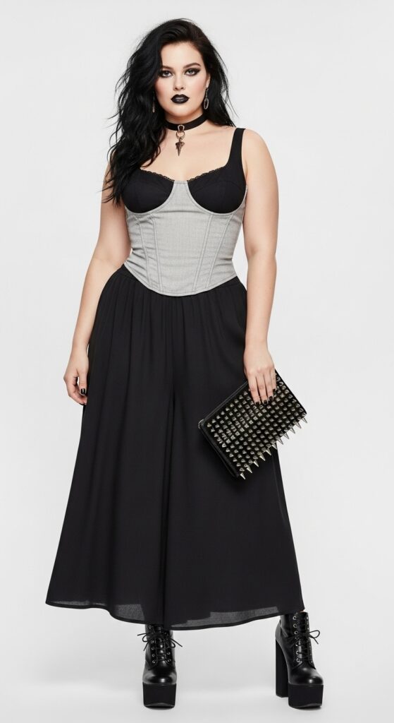 10 Bold Plus-Size Summer Goth Outfits for Curvy Women’s Gothic Soul 9 Corset Top and Palazzo Pants