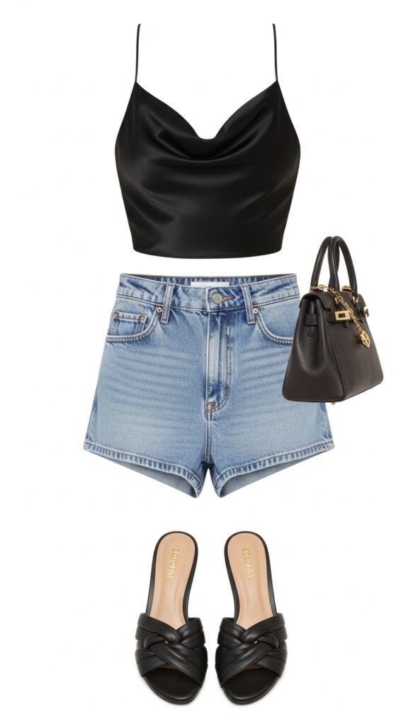 21 Stylish Denim Shorts Outfit Ideas 9 Cowl Neck Crop and High-Waisted Shorts