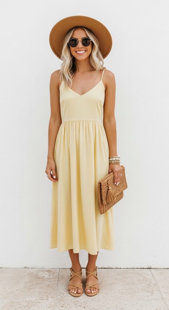 Mexico Outfit Guide: 33 Stylish Vacation Looks for U.S. Women in 2025 14 Cozumel Glow Yellow Sundress & Sandals
