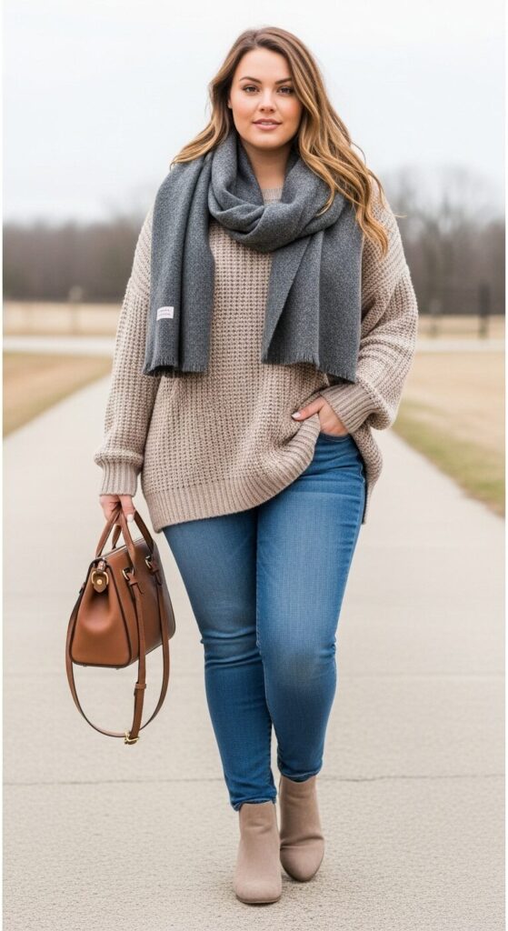 11 Plus Size Winter Winery Outfits (Taste Wine in Style) 3 Cozy Knit Sweater & Skinny Jeans