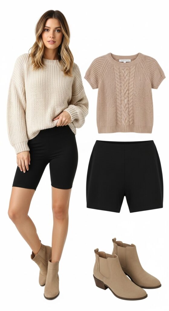 20 Stylish Biker Shorts Outfits That'll Make You Feel Effortlessly Chic 3 Cozy Knit Sweater and Biker Shorts