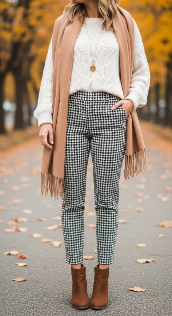 15 Chic Houndstooth Pants Outfits to Rock This Season with Chic Season Style 4 Cozy Knit and Ankle Boots for Fall Strolls