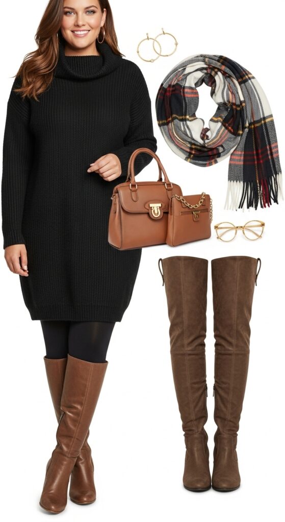 24 Plus Size Casual Winter Fashion Outfits That Celebrate Your Curves 9 Cozy Sweater Dress & Knee-High Boots