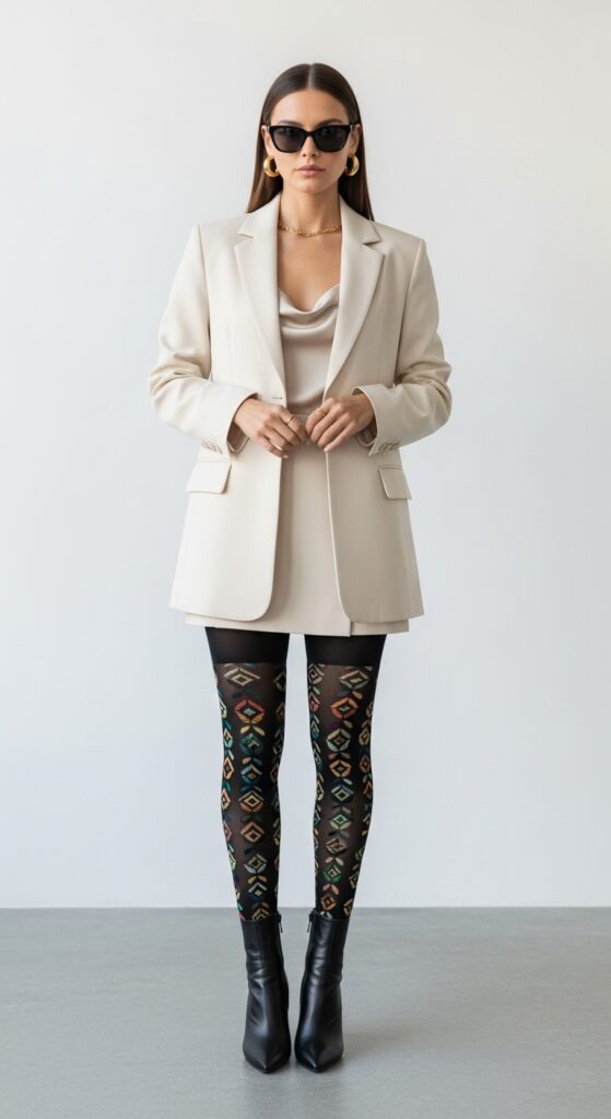 16 Chic Outfits with Tights: Elevate Your Cold-Weather Style 4 Cream Blazer and Patterned Tights