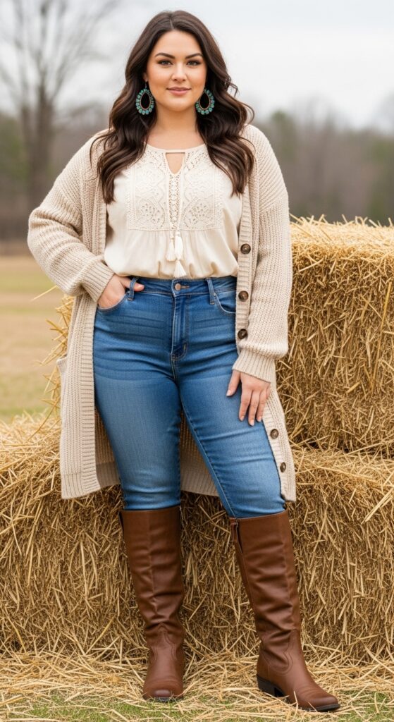 12 Plus Size Boho Western Winter Outfits for Country Concerts with Chic Season Style 8 Cream Boho Top and Jeans for Outdoor Concerts