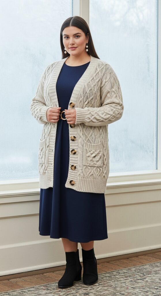 Cream Cable Knit Cardigan and Dress for Church Outings