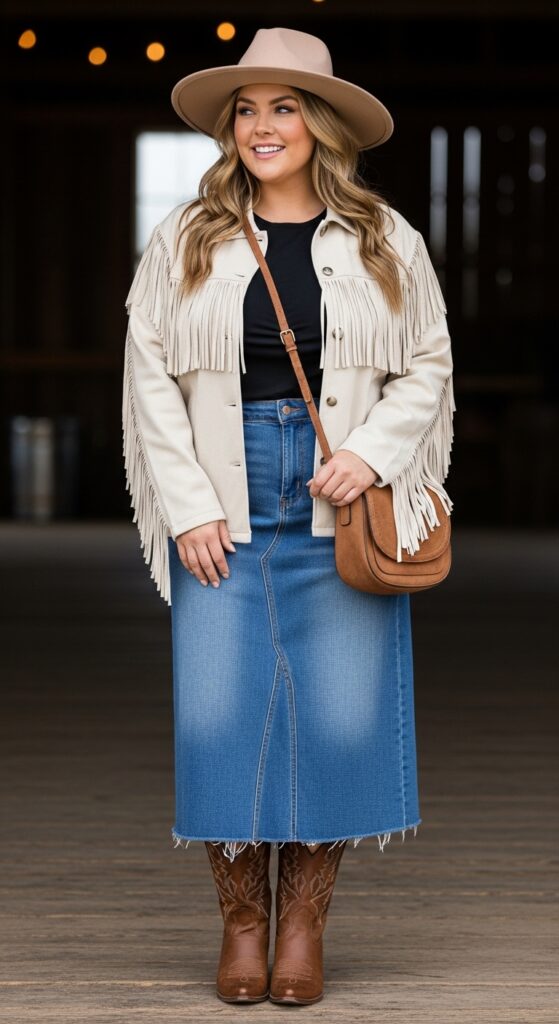 12 Plus Size Boho Western Winter Outfits for Country Concerts with Chic Season Style 5 Cream Fringe Jacket and Skirt for Concert Glam