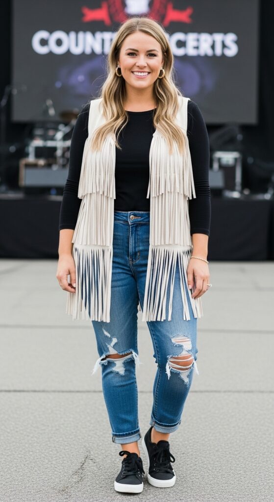 12 Plus Size Boho Western Winter Outfits for Country Concerts with Chic Season Style 11 Cream Fringe Vest and Jeans for Casual Jams