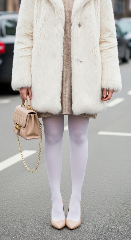 16 Chic Outfits with Tights: Elevate Your Cold-Weather Style 13 Cream Fur Coat and White Tights