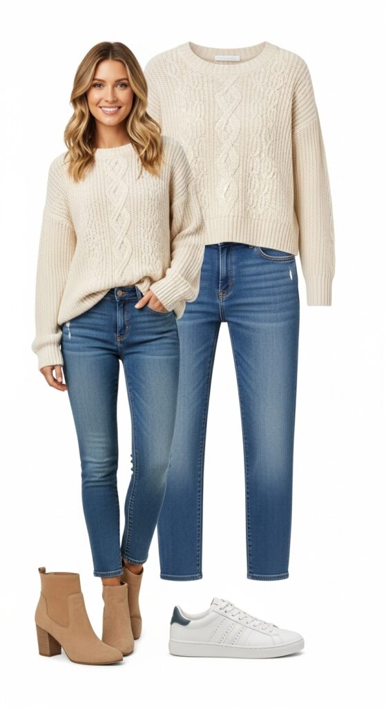 22 Chic Knitted Sweater Outfit Ideas You Need to Try 17 Cream Knit Sweater + Blue Jeans