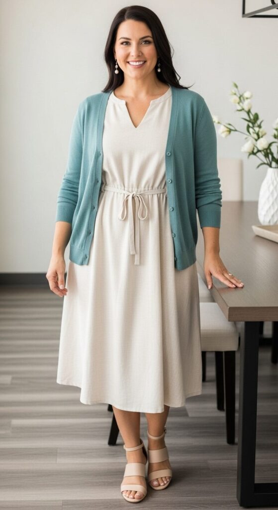 Cream Linen Blend Dress and Cardigan for Spring Meetings