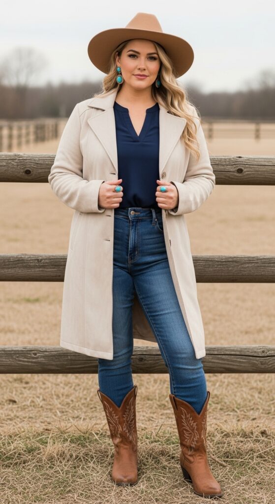 12 Plus Size Boho Western Winter Outfits for Country Concerts with Chic Season Style 14 Cream Suede Coat and Jeans for Concert Outings