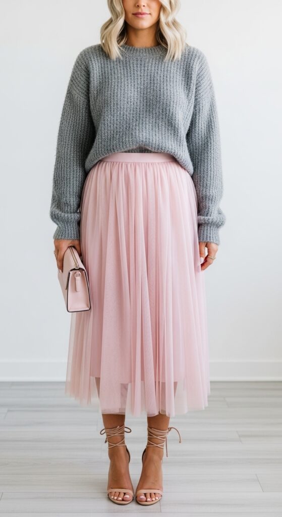 21 Stunning Tulle Skirt Outfit Ideas for U.S. Women in 2025 14 Creative Office Gray Sweater & Pink Tulle Midi