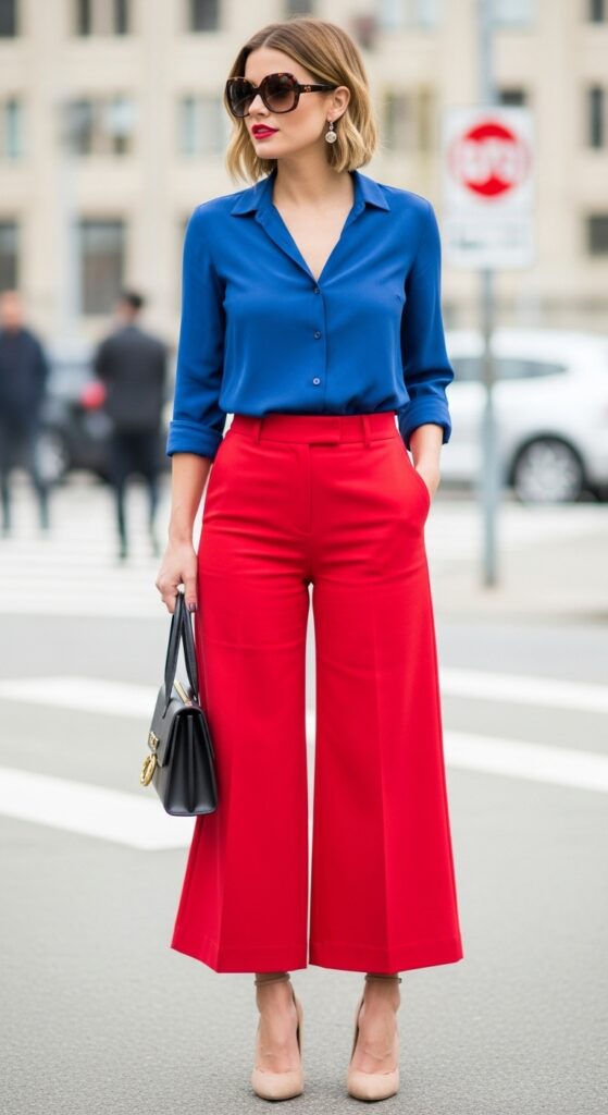 19 Red Pants Outfits to Ignite Your Style 12 Creative Work Blue Button-Up & Red Wide-Leg Trousers