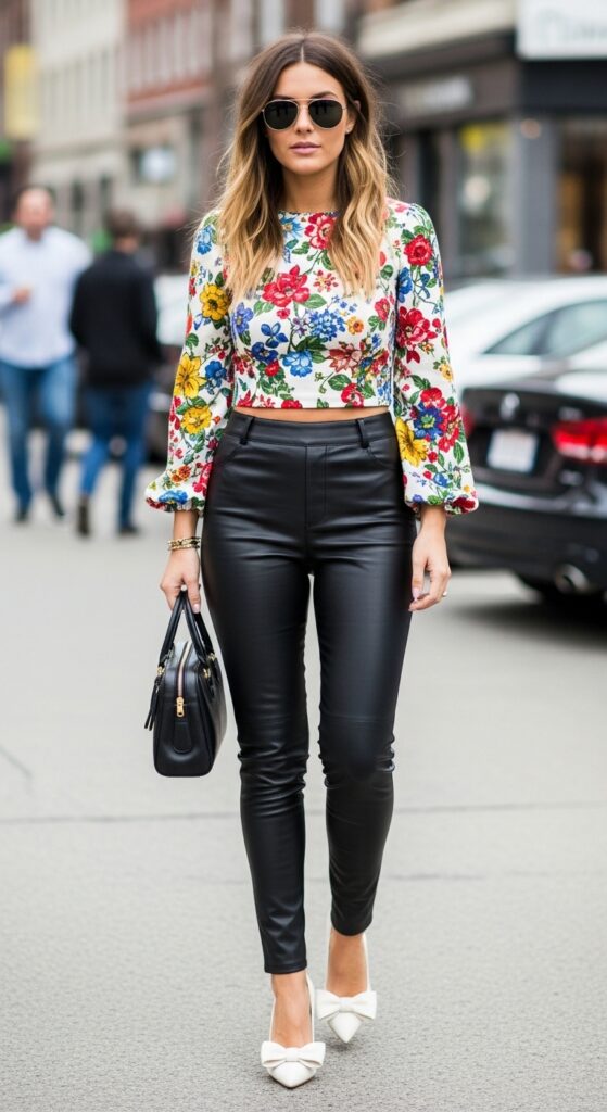 20 Leather Pants Outfits to Slay Every Occasion 12 Creative Work Floral Crop Top & Black Leather Leggings