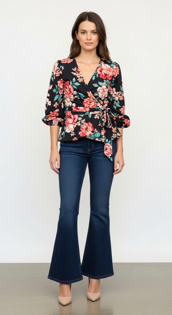 18 Flare Jeans Outfits for U.S. Women in 2025 12 Creative Work Floral Wrap Top & Navy Flares