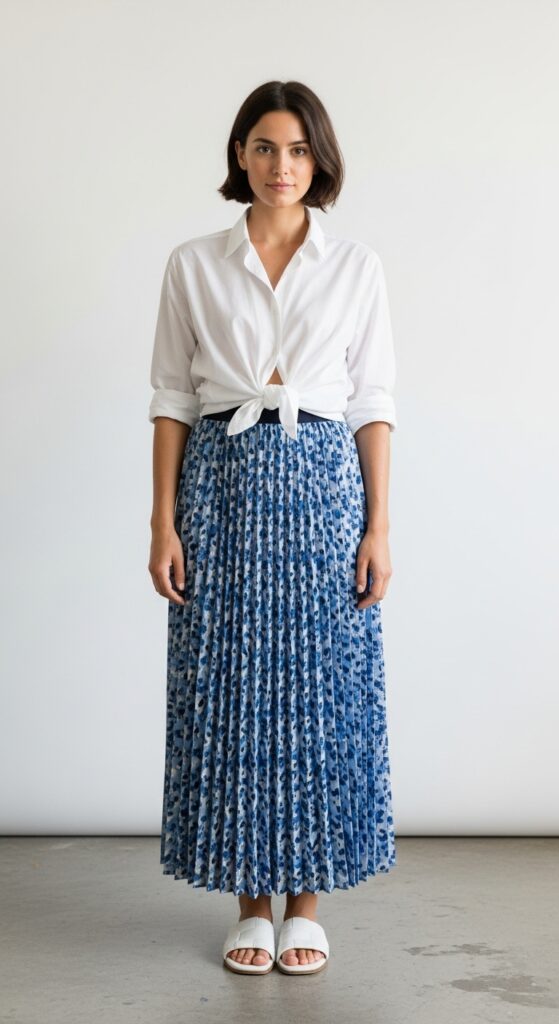 28 Pleated Skirt Outfits to Nail Effortless Chic 13 Creative Work White Button-Down & Blue Patterned Maxi