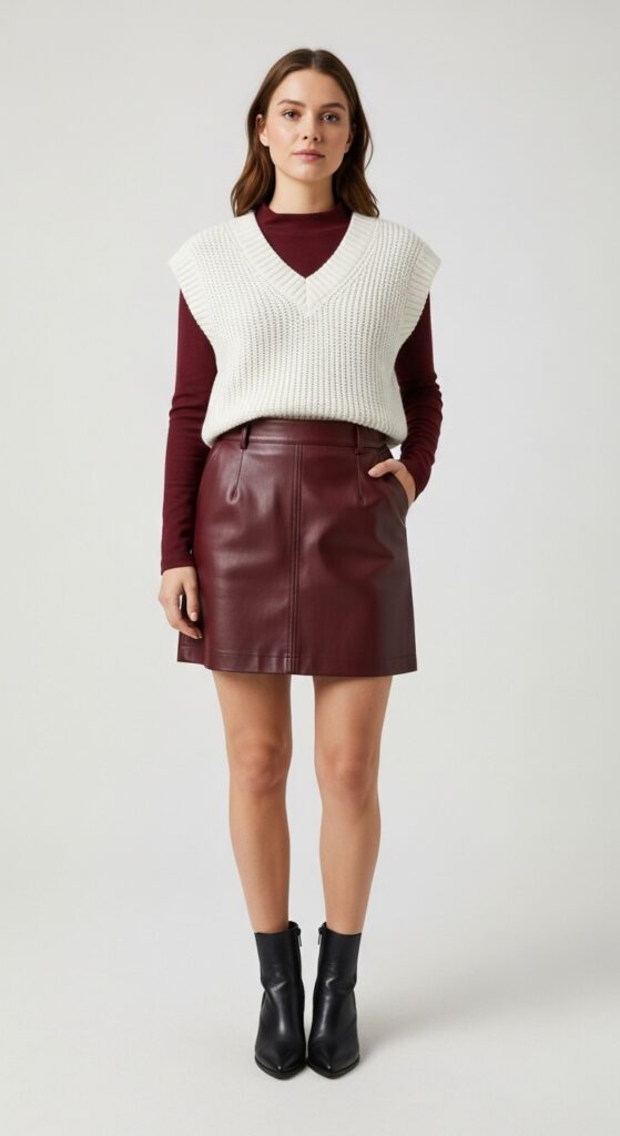 22 Leather Skirt Outfits for an Edgy, Cool Vibe 13 Creative Work White Knit Vest & Burgundy Leather Mini