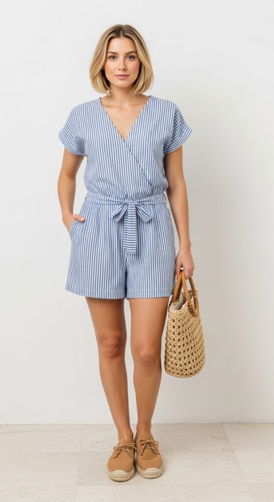 Crete Casual Blue Striped Romper & Espadrilles