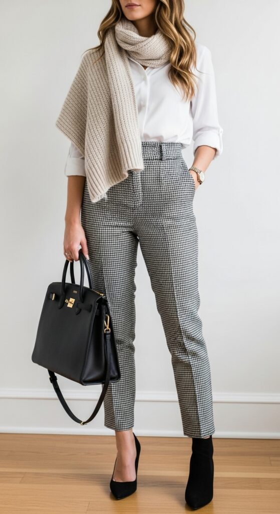 15 Chic Houndstooth Pants Outfits to Rock This Season with Chic Season Style 3 Crisp White Shirt and Heels for Office Elegance