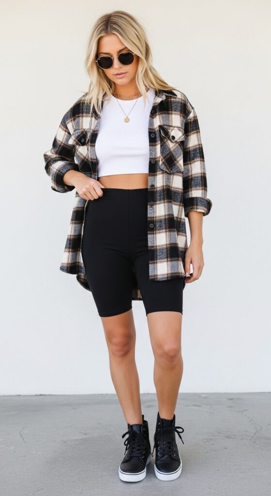 20 Stylish Biker Shorts Outfits That'll Make You Feel Effortlessly Chic 12 Crop Top and Flannel Shirt