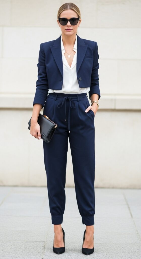 9 Cool Parachute Pants Outfits for Effortless Style with Chic Season Style 4 Cropped Blazer and Pointed-Toe Heels