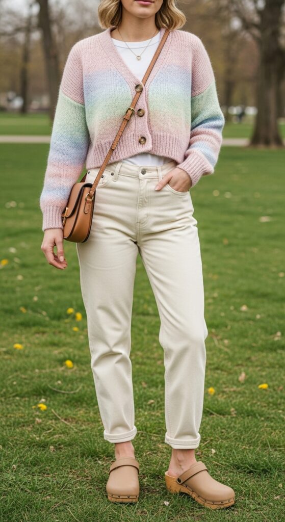 10 Chic Cream Jeans Outfits to Inspire Your Wardrobe with Chic Season Style 12 Cropped Cardigan and Clogs for Spring