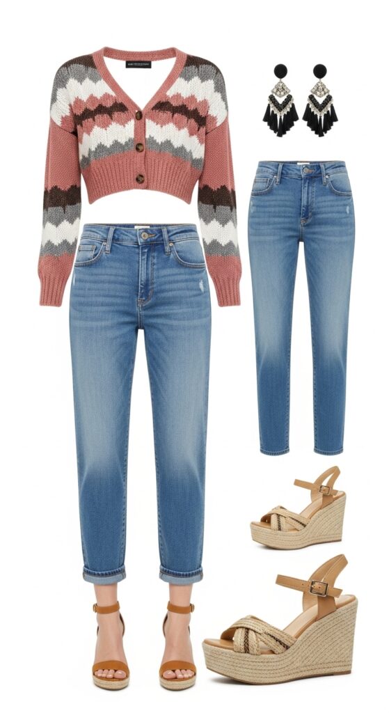 14 Trendy Boyfriend Jeans Outfits for Pinterest-Perfect Style 10 Cropped Cardigan and Wedge Sandals