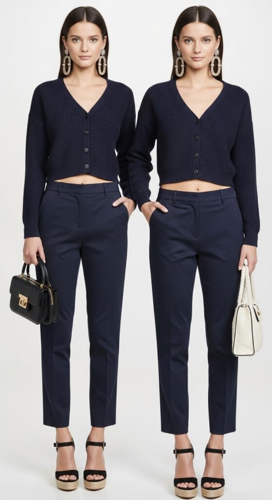 15 Stylish Navy Pants Outfits for Effortless Elegance 10 Cropped Cardigan and Wedge Sandals