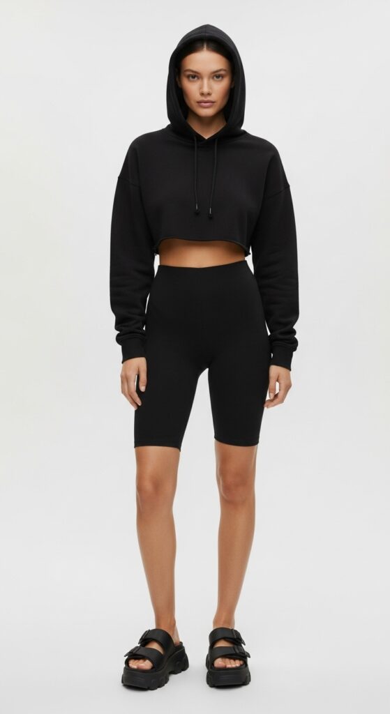 20 Stylish Biker Shorts Outfits That'll Make You Feel Effortlessly Chic 17 Cropped Hoodie and Chunky Sandals