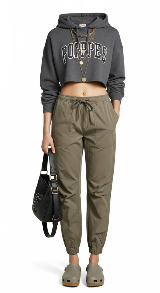 9 Cool Parachute Pants Outfits for Effortless Style with Chic Season Style 9 Cropped Hoodie and Clogs