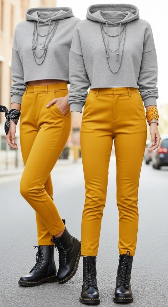 9 Bold Mustard Pants Outfits to Elevate Your Style with Chic Season Style 10 Cropped Hoodie and Combat Boots for Street Style