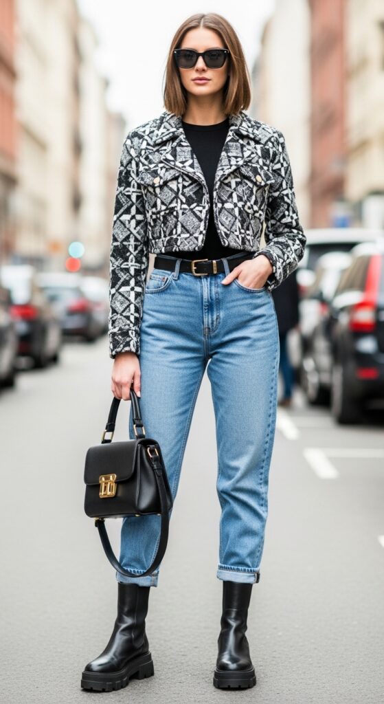 14 Trendy Boyfriend Jeans Outfits for Pinterest-Perfect Style 15 Cropped Jacket and Chunky Boots