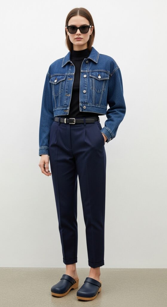 15 Stylish Navy Pants Outfits for Effortless Elegance 14 Cropped Jacket and Clogs