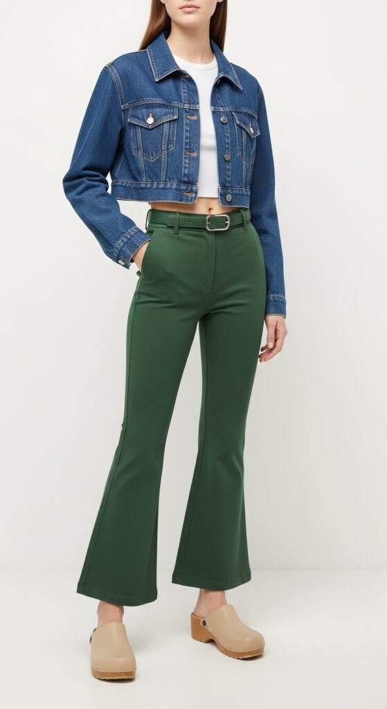15 Chic Flare Pants Outfits to Elevate Your Wardrobe with Chic Season Style 14 Cropped Jacket and Clogs