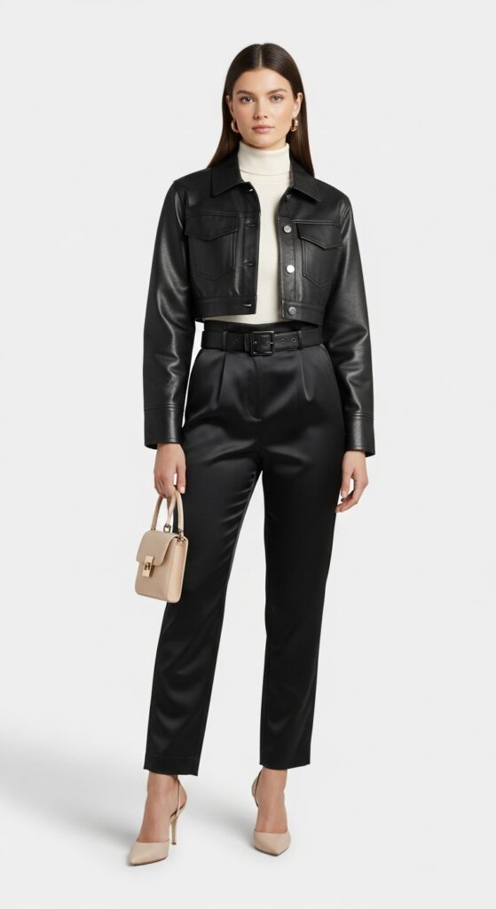 12 Glamorous Satin Pants Outfits for Timeless Style with Chic Season Style 13 Cropped Jacket and Kitten Heels