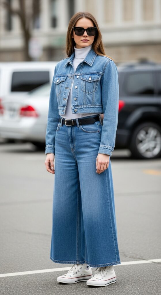 24 Trendy Converse Sneaker Outfits for Every Vibe 22 Cropped Jacket and Wide-Leg Jeans