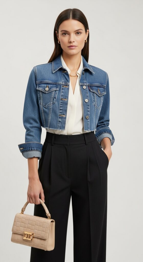 18 Chic and Fresh Jean Jacket Outfits to Elevate Your Wardrobe 16 Cropped Jean Jacket with High-Waisted Pants