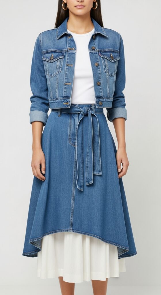 18 Chic and Fresh Jean Jacket Outfits to Elevate Your Wardrobe 5 Cropped Jean Jacket with High-Waisted Skirt