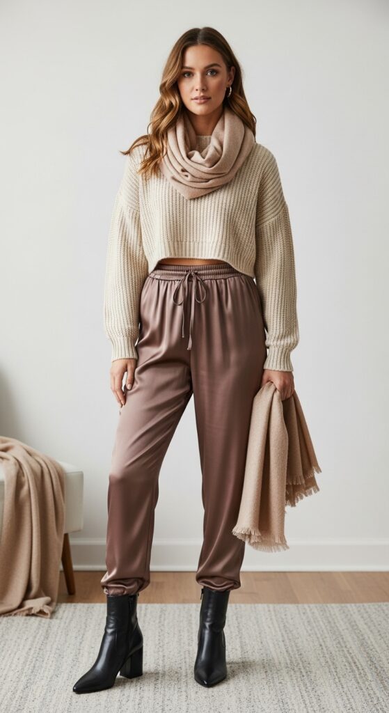 12 Glamorous Satin Pants Outfits for Timeless Style with Chic Season Style 4 Cropped Sweater and Ankle Boots